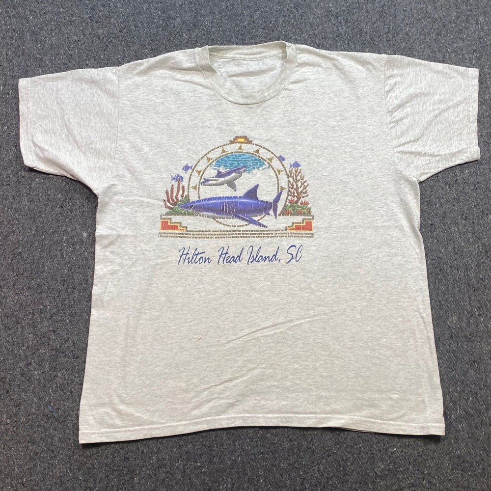TShirt Sz L Mens Gray Skater Hilton Head Island SC Shark Graphic Souvenir Retro